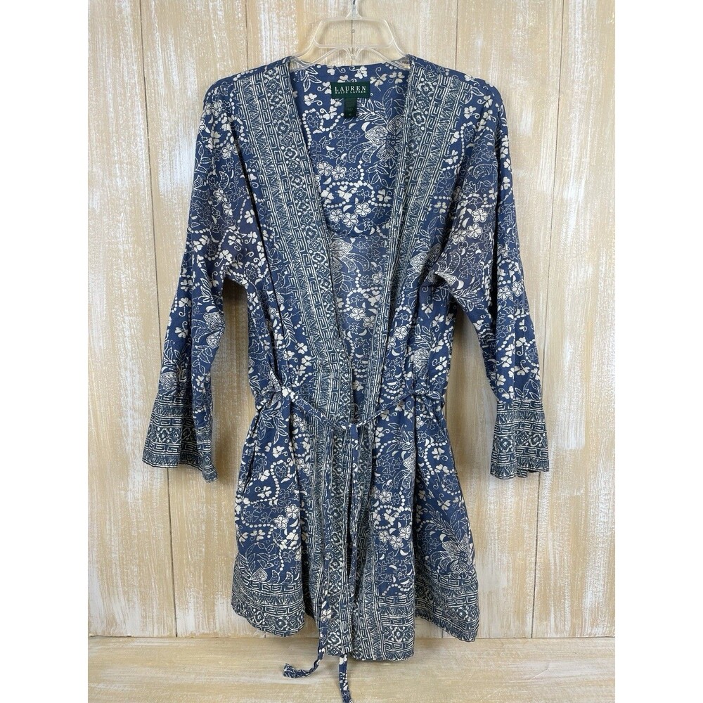 Lauren Ralph Lauren Women's 100% Cotton Kimono Robe in Navy Blue Floral Print